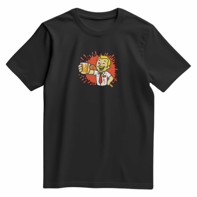 T-shirt noir floqué du même design, ambiance humoristique post-apocalyptique