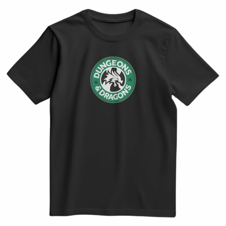 T-shirt noir avec visuel central en clin d’œil à la fantasy et à la pop culture
