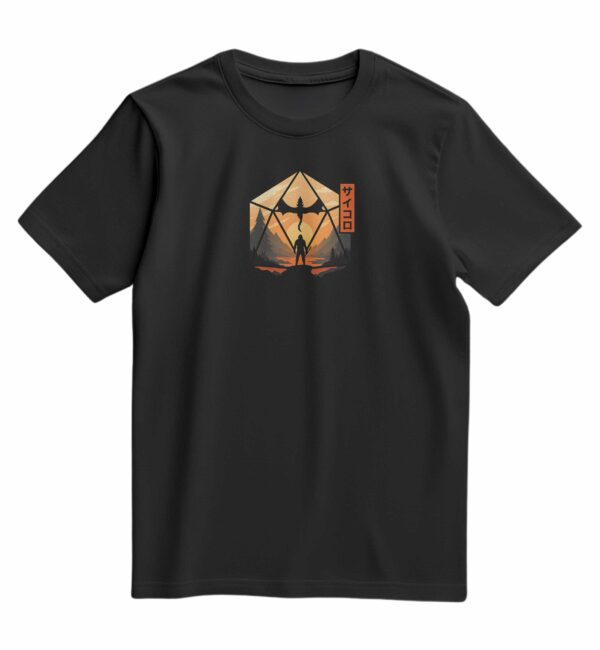 T-shirt noir avec flocage de guerrier sous un dragon dans un décor crépusculaire