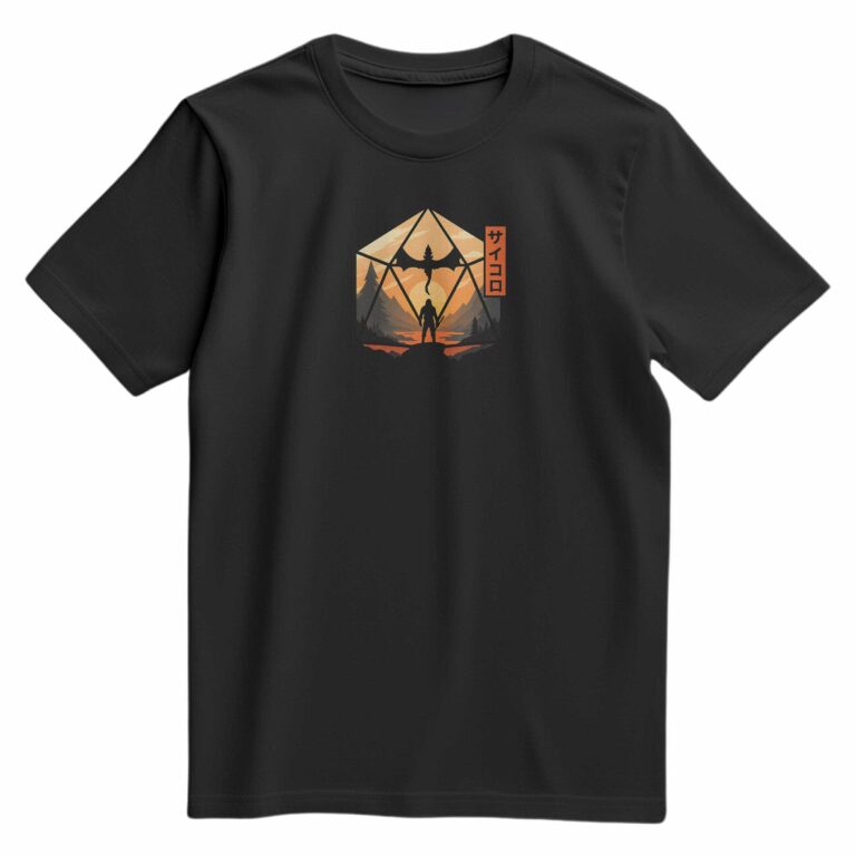 T-shirt noir avec flocage de guerrier sous un dragon dans un décor crépusculaire