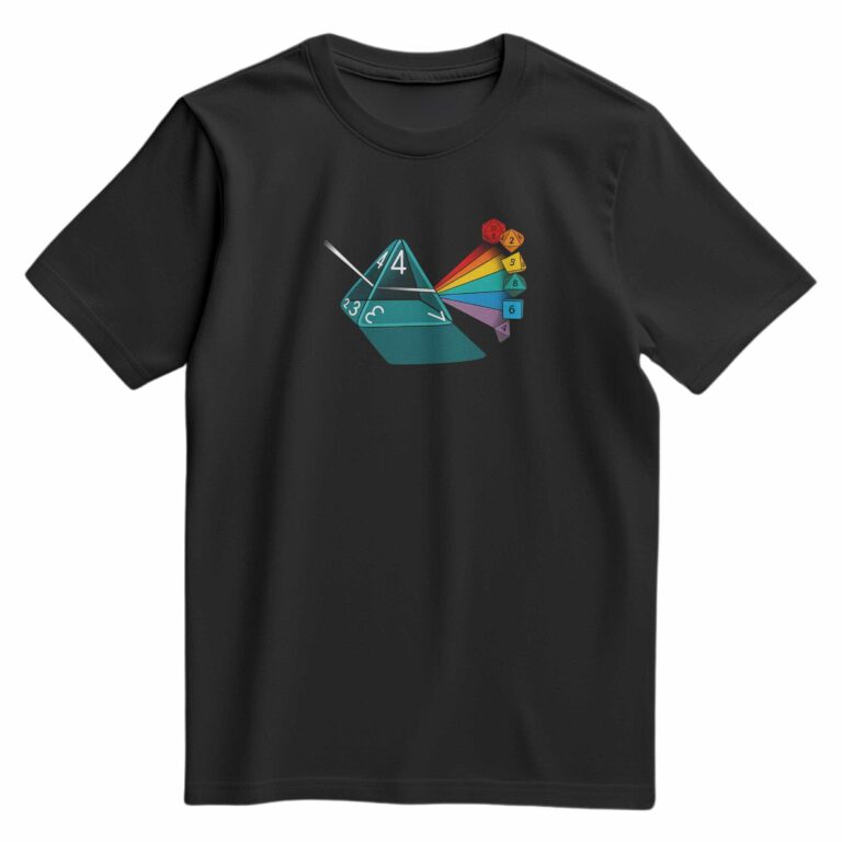 T-shirt noir floqué du dé à 4 faces en style prisme arc-en-ciel