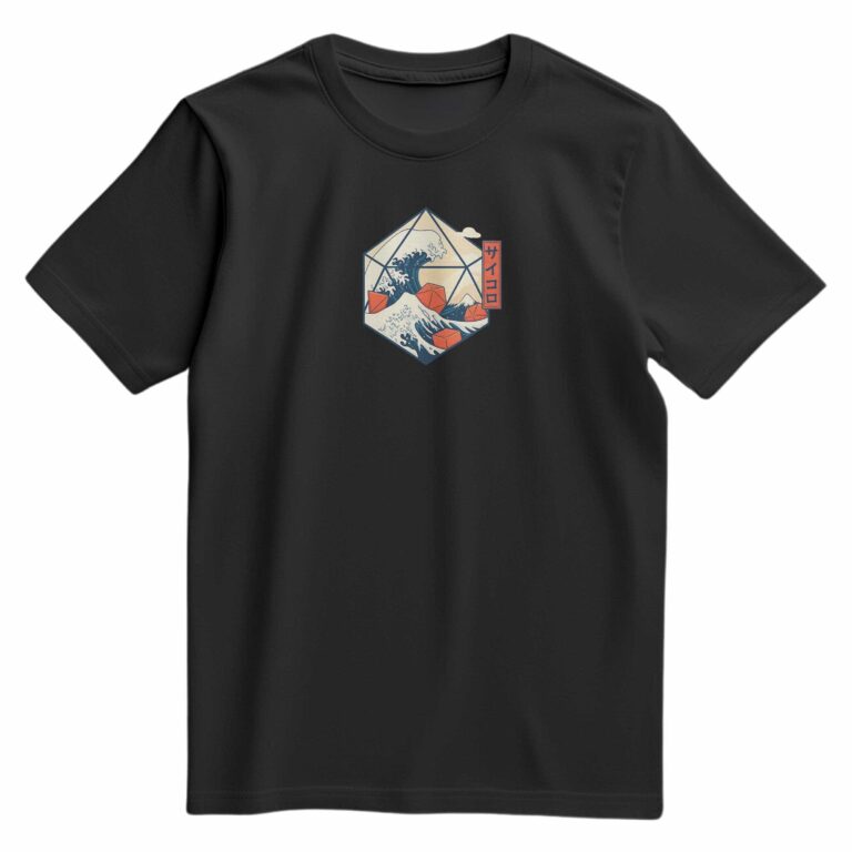 T-shirt noir floqué avec le design nippon de la vague et des polyèdres