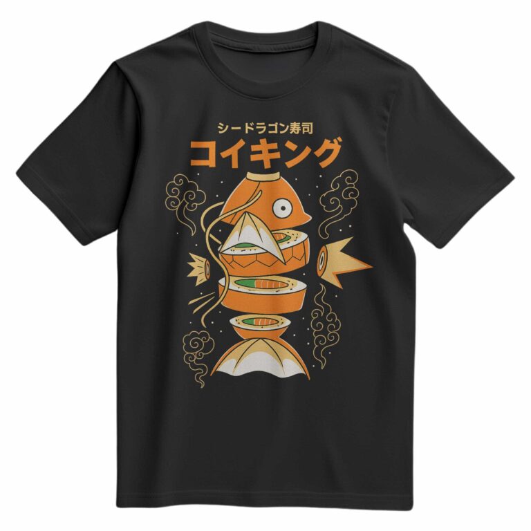 T-shirt noir floqué avec le visuel humoristique et kawaï du poisson découpé en makis