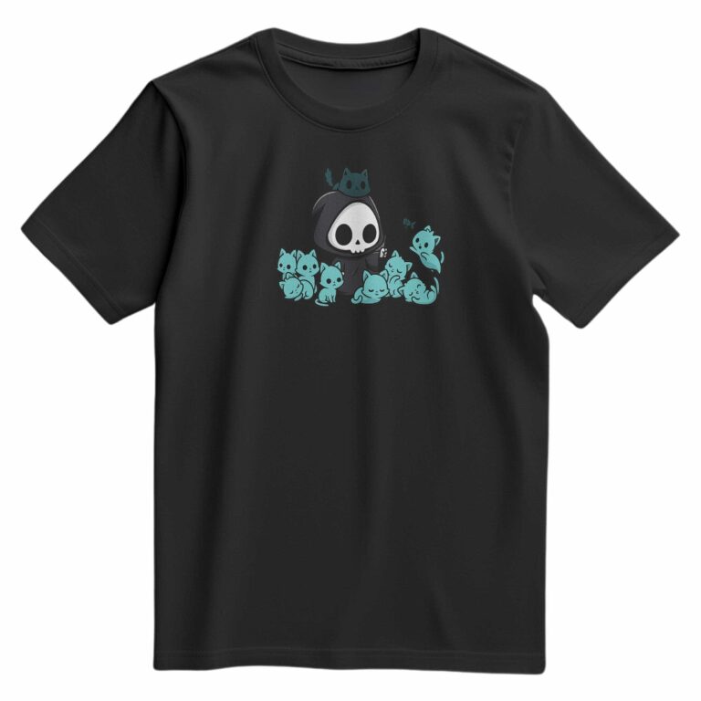 T-shirt noir floqué avec le visuel de la faucheuse et des petits chats fantômes adorables