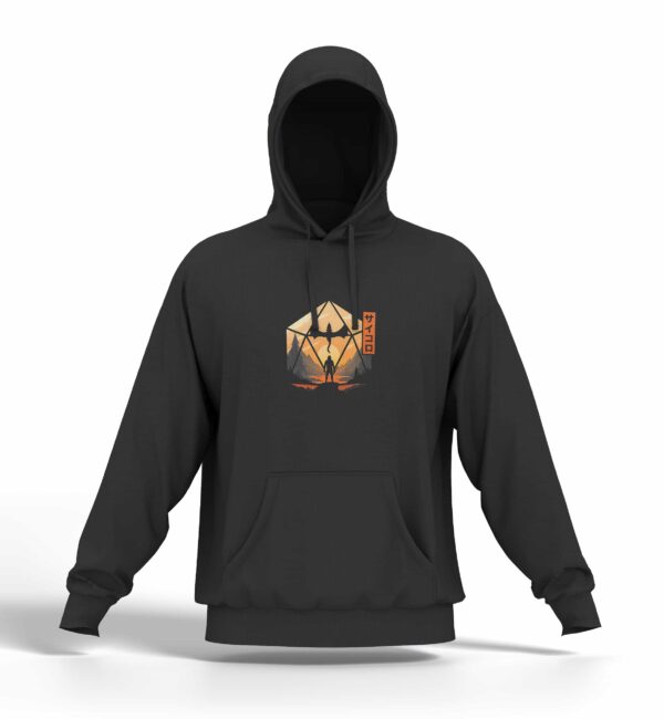 Hoodie noir floqué avec visuel “dés guerrier dragon” centré sur la poitrine