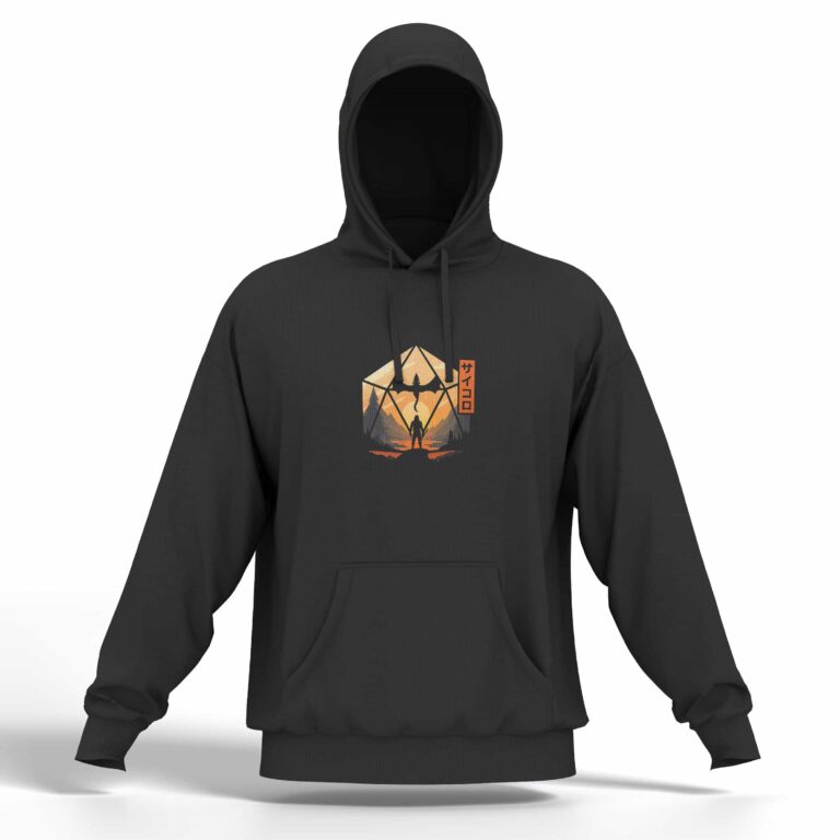 T-shirt noir avec flocage de guerrier sous un dragon dans un décor crépusculaire