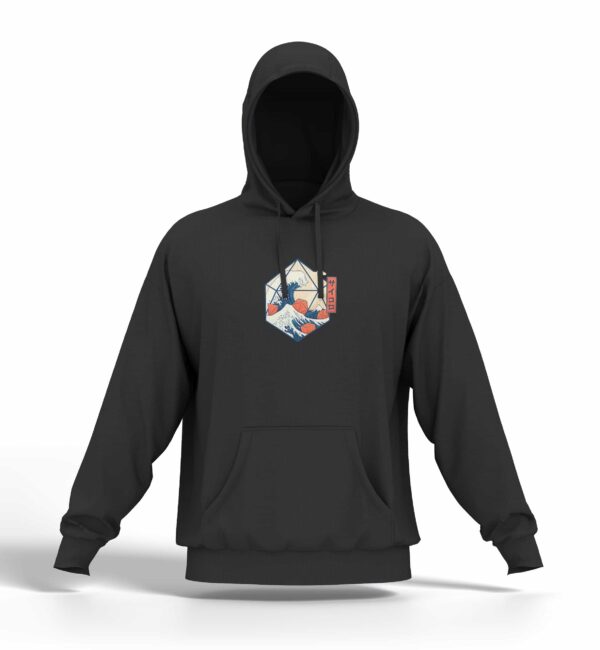 Hoodie noir floqué du motif "Vague et Dés JDR"