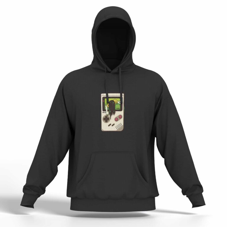 T-shirt noir avec impression de la console style GameBoy possédée