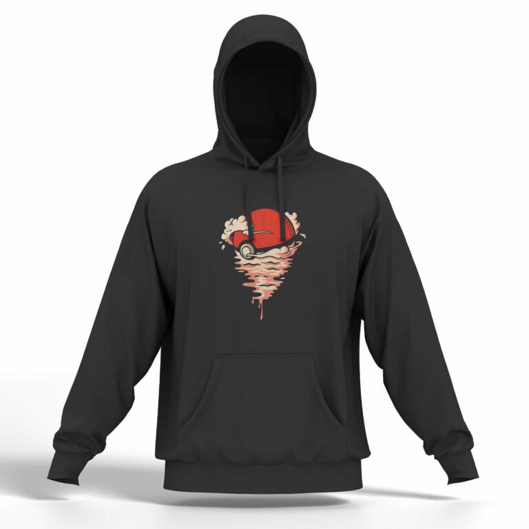 T-shirt noir floqué avec le design minimaliste Pokéball rouge et crème façon coucher de soleil