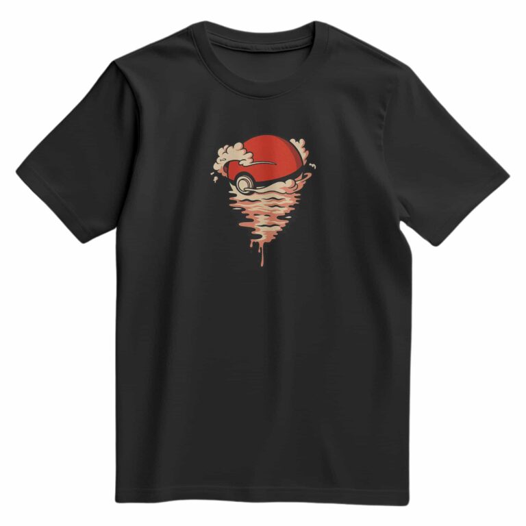 T-shirt noir floqué avec le design minimaliste Pokéball rouge et crème façon coucher de soleil