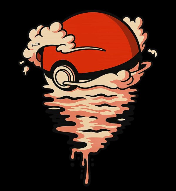 Illustration d’une Pokéball stylisée flottant comme un soleil couchant, avec reflets ondulés